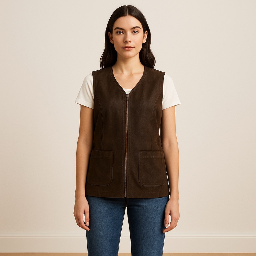 Women’s real leather brown Tristan & Iseut Canada made zip vest medium genuine